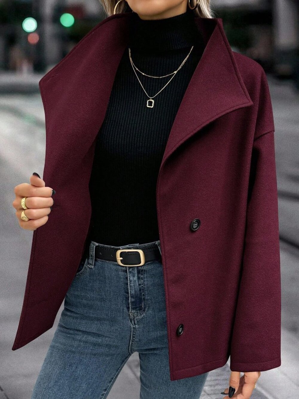 Burgundy Casual Women's Stand Collar Overcoat - Picture 4 of 4